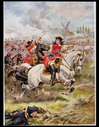 Marlborough liderando o ataque, ilustração de &39;Glorious Battles of English History&39; por Major CH Wylly, década de 1920